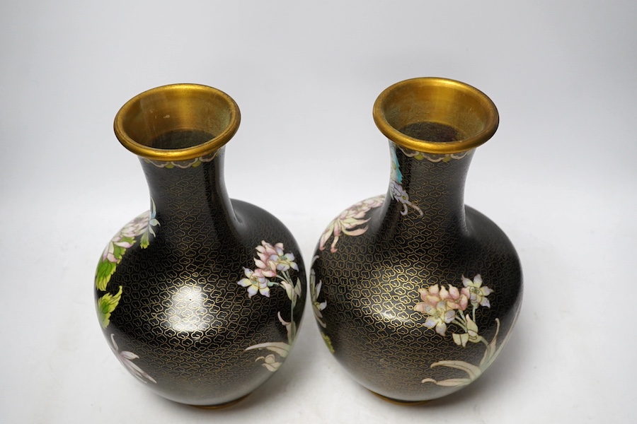 A pair of Chinese cloisonne enamel vases, 26cm. Condition - good